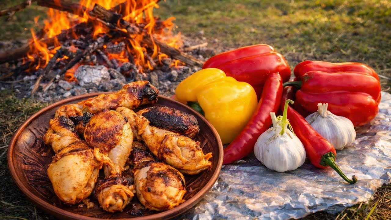 Preparing primitive chickens in the wild | Cooking chicken on a campfire in bushcraft style