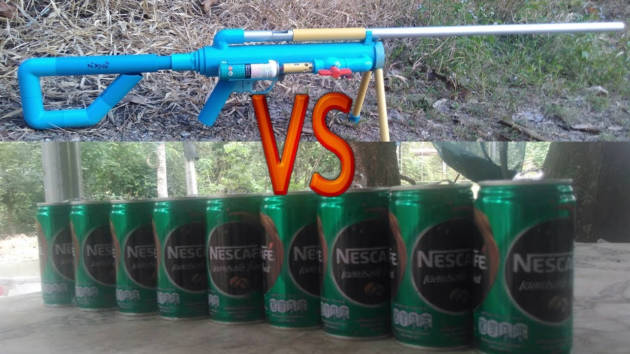 PVC GAS GUN using 12mm Glass marble Bullet  VS  Cans of coffee