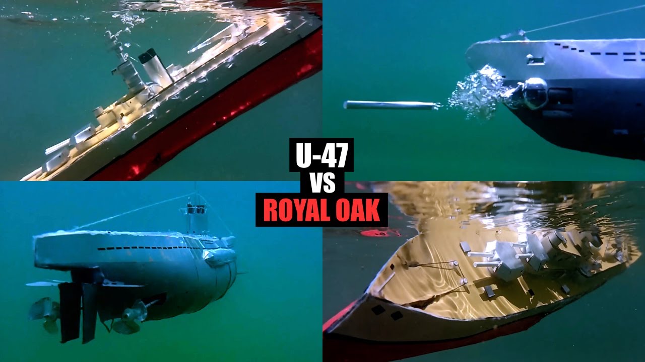 Cardboard ship sinking, submarine U47 in Scapa Flow, torpedo attack on model battleship Royal Oak