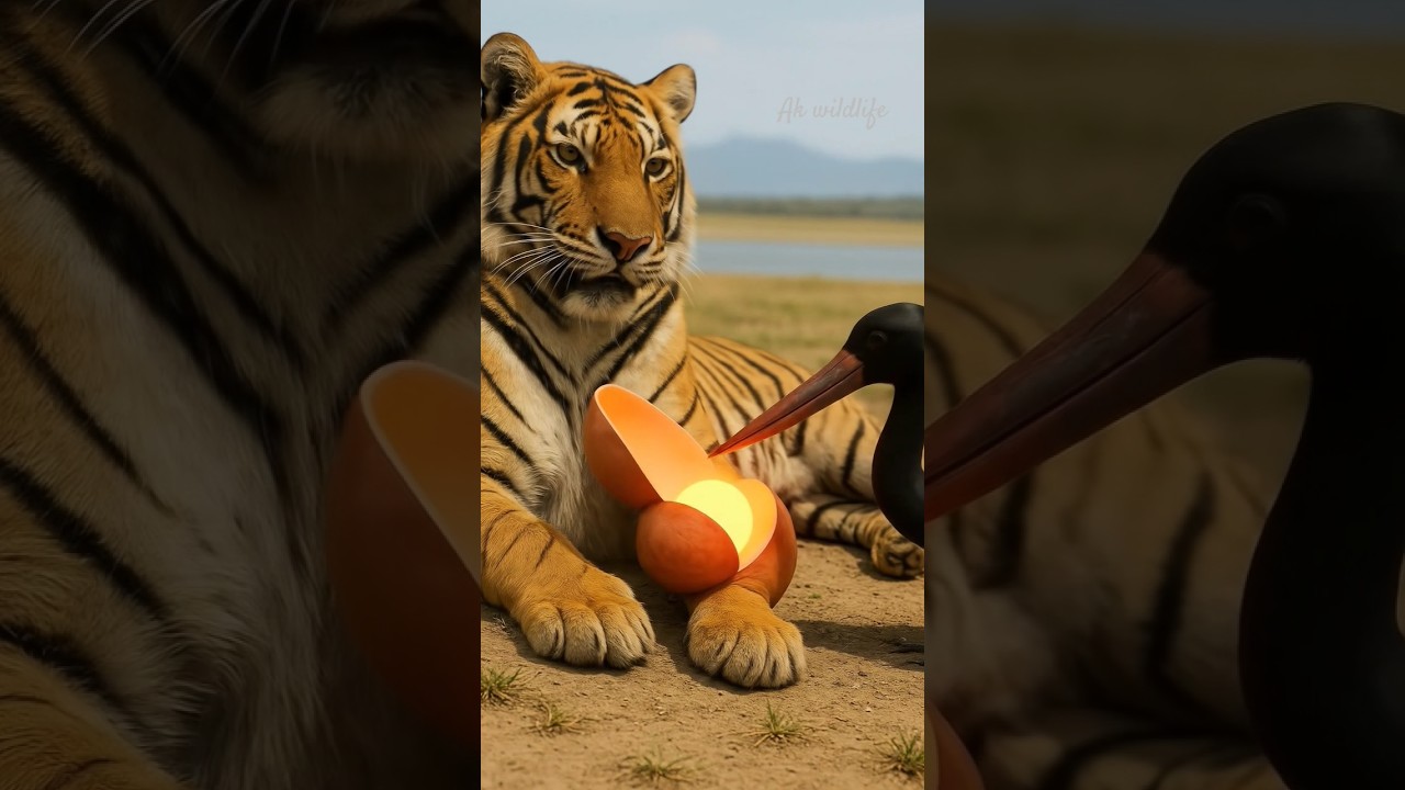 This stork saves tiger🐅 in pain unbelievable rescue #wildlife​ #stork​ #tiger​ #animal​ #viralvideo​