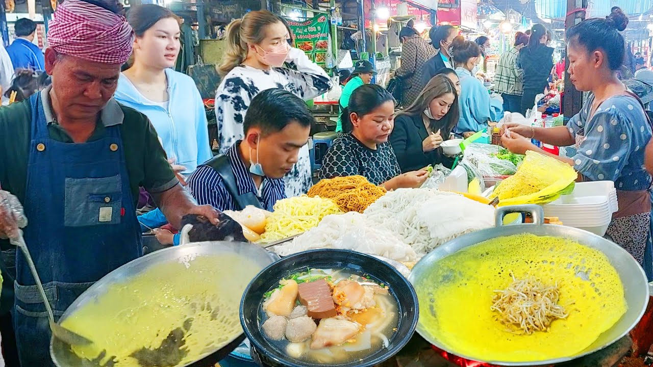 Best Cambodia Street Food in Phnom Penh Market - Yellow Pancake, Rice Noodles, Meatball, & More