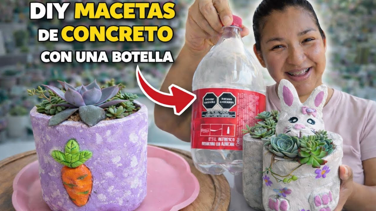 DIY MACETAS DE PASCUA con BOTELLA de refresco y CONCRETO ✨🪴#hechoamano #diy #suculentas #jardin 