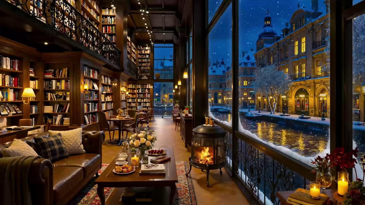 Winter Coffee Shop Fireplace Ambience with Soft Piano Jazz 🔥 Smooth Jazz for Work Focus