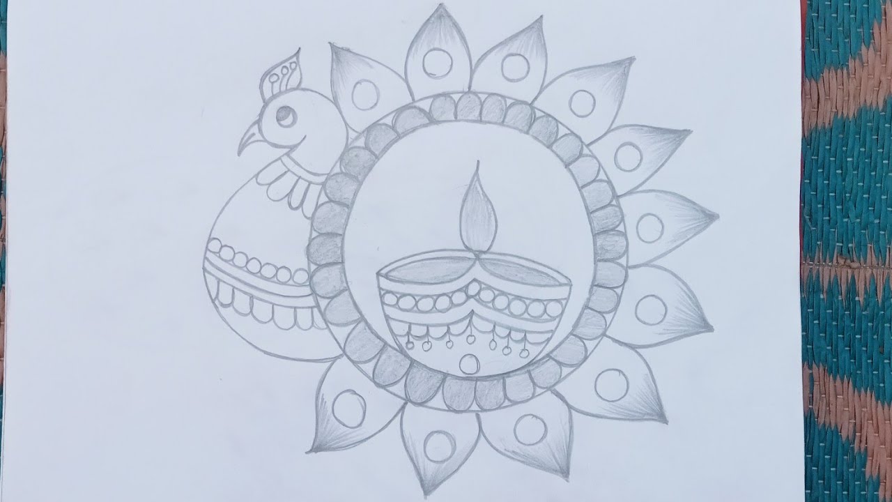 Diwali rangoli designs/beautiful peacock rangoli designs/Diwali rangoli pencil art banana sikhen ar 