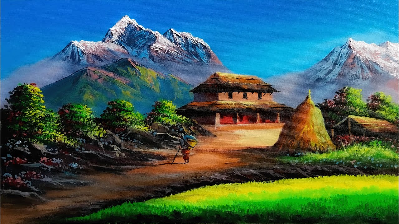 Nepali Painting | Beautiful Nepali Village Landscape Painting | Scenery Painting |  @bkartgallery7 ​