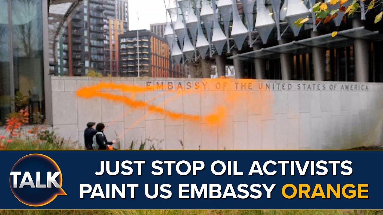 Just Stop Oil Activists Paint US Embassy In London Orange After Trump Declares Victory