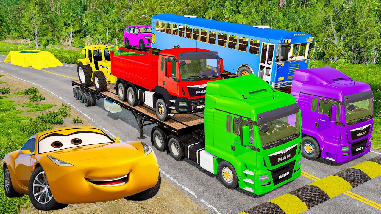 MENGANGKUT MOBIL & BUAH PIXAR DENGAN WARNA & JOHN DEERE vs CLAAS vs TRACTORS #19 - BeamNG.drive