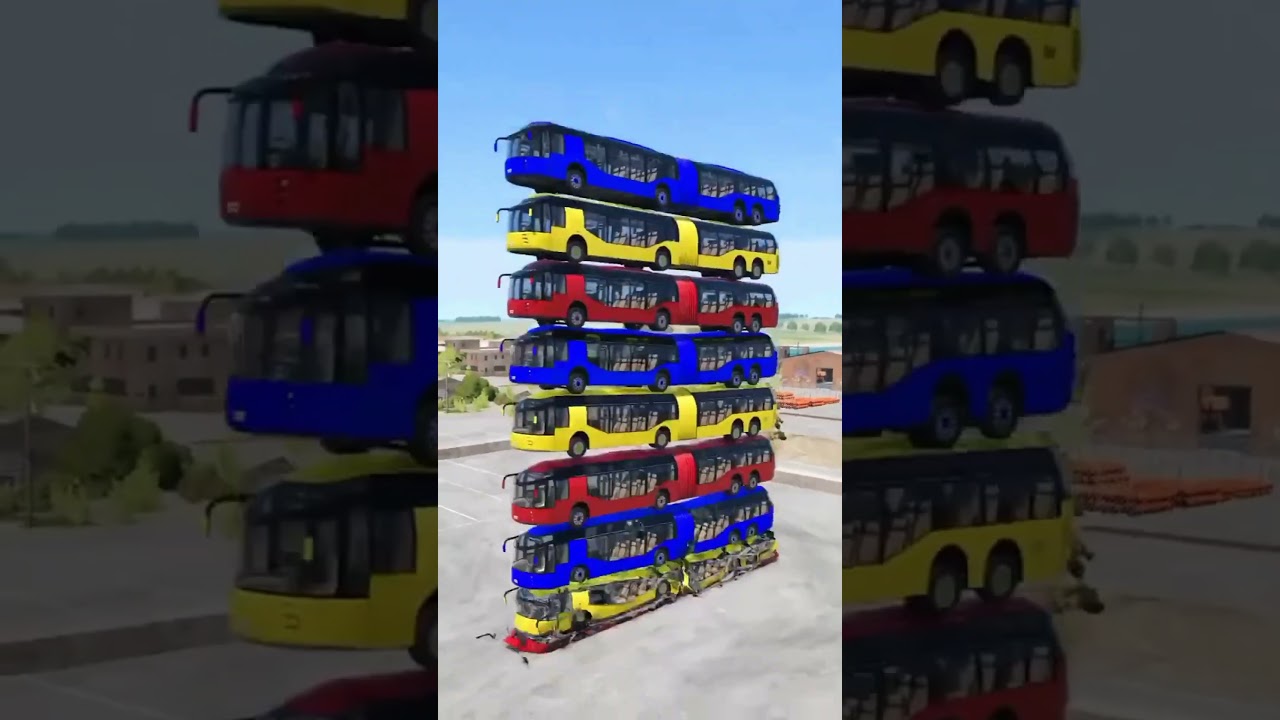 14 Buses Tower Crash - Ultimate Destruction in BeamNG.