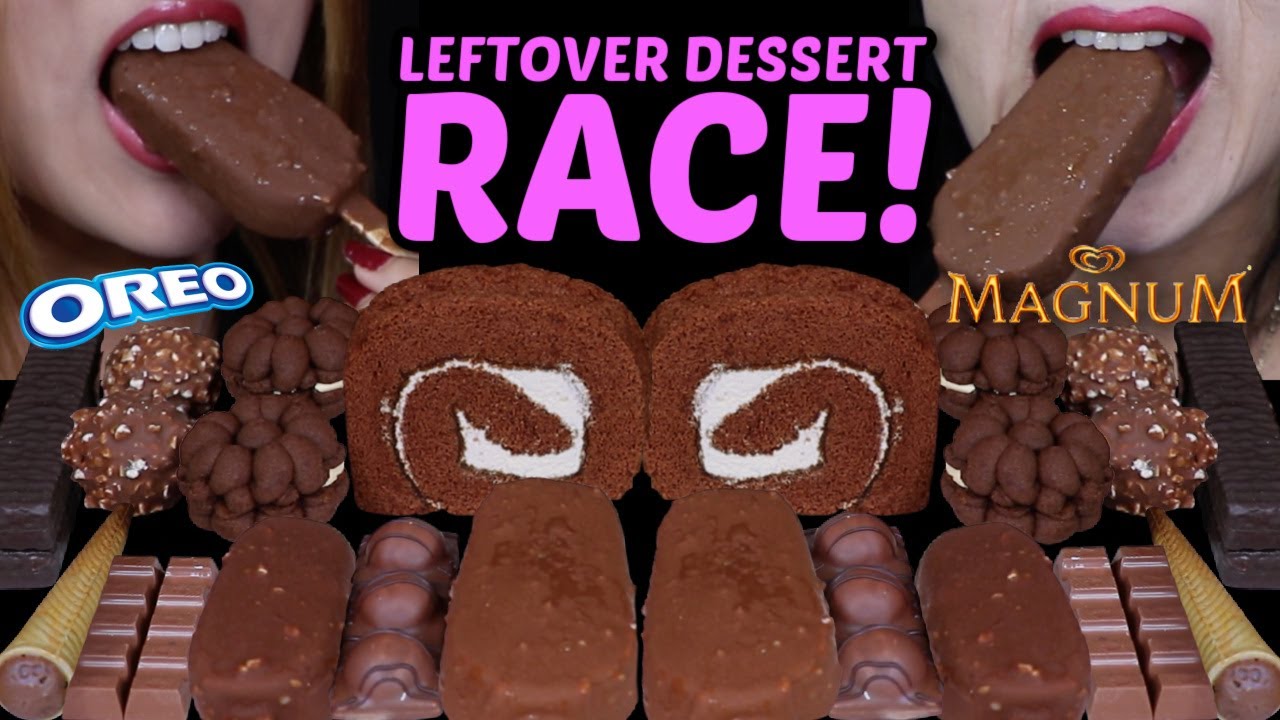 ASMR LEFTOVER DESSERT RACE! MAGNUM ICE CREAM BARS, CHOCOLATE CAKES, CONES, KINDER, FERRERO, OREO 먹방