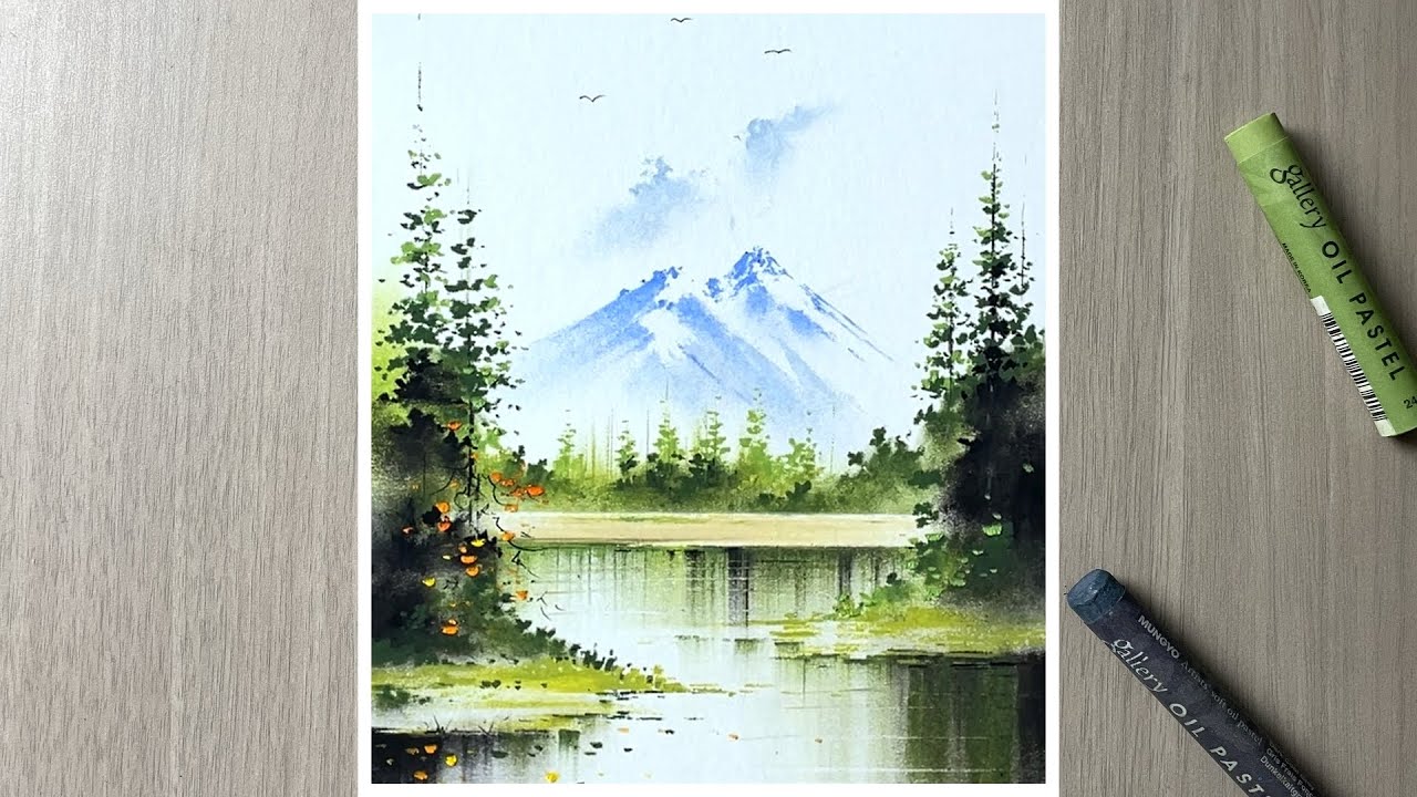 Simple oil pastel scenery with beautiful mountains