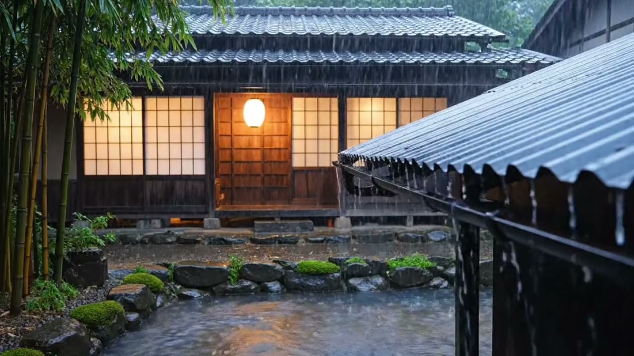 No Ads Calming Night Rain in a Japanese Village with  Bambo Trees for Sleep