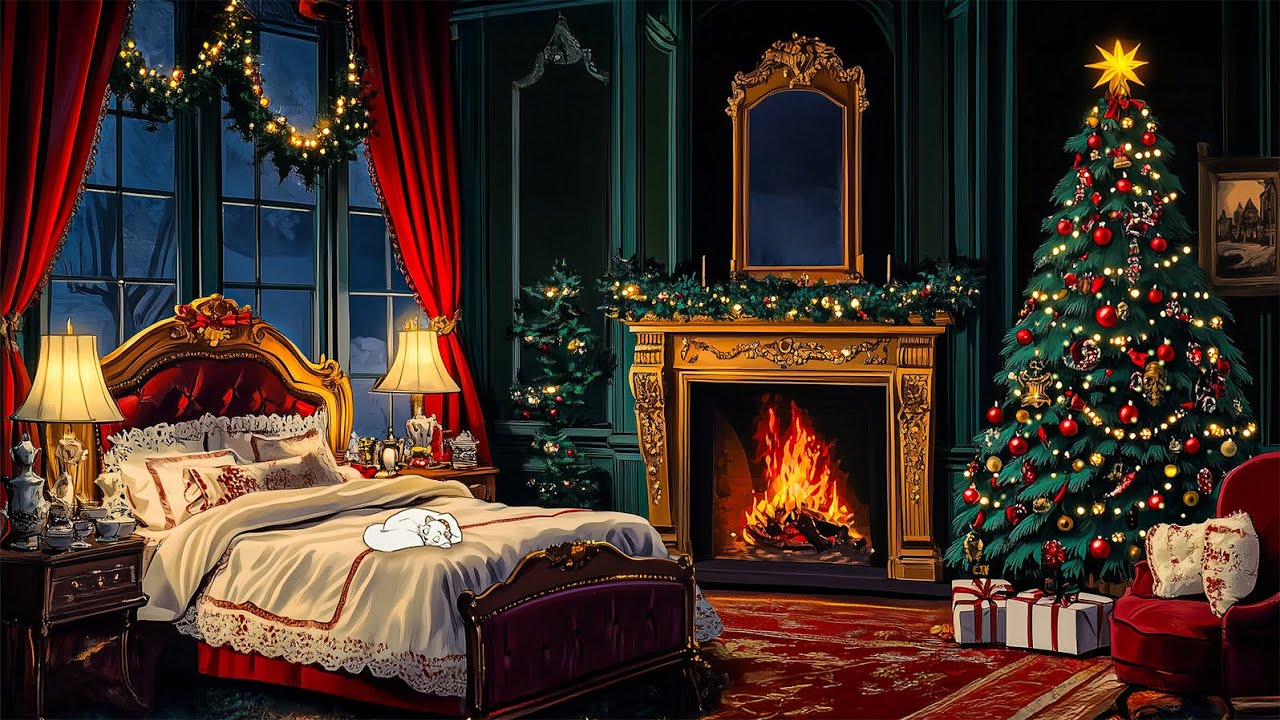 1950's cozy night by the fireplace with oldies playing in another room (relax/study/sleep)