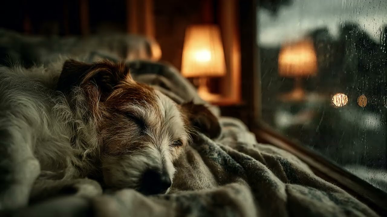 Soft Rain Sounds & Calm Music | Cozy Bedroom Ambience, Sleeping Dog at Night 🐶🌧️