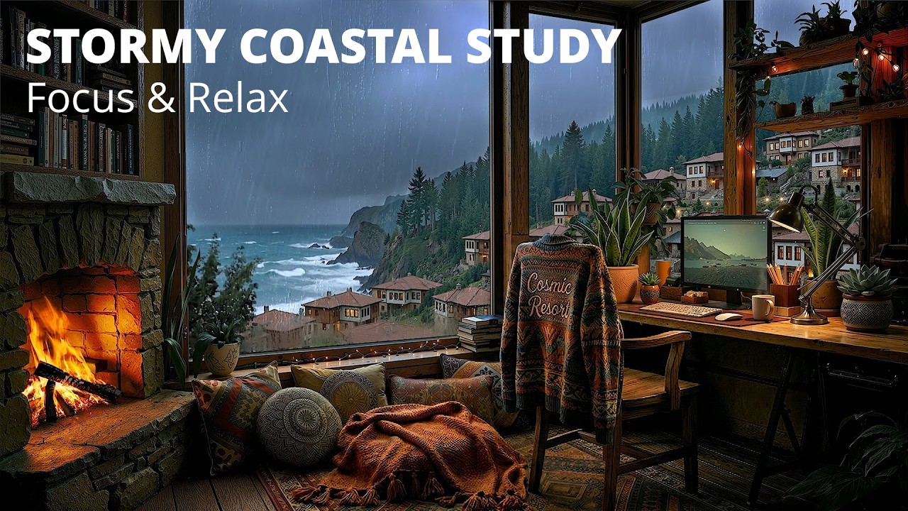 Rainy Coastal Study Room 🌊 Fireplace for Focus & Relax