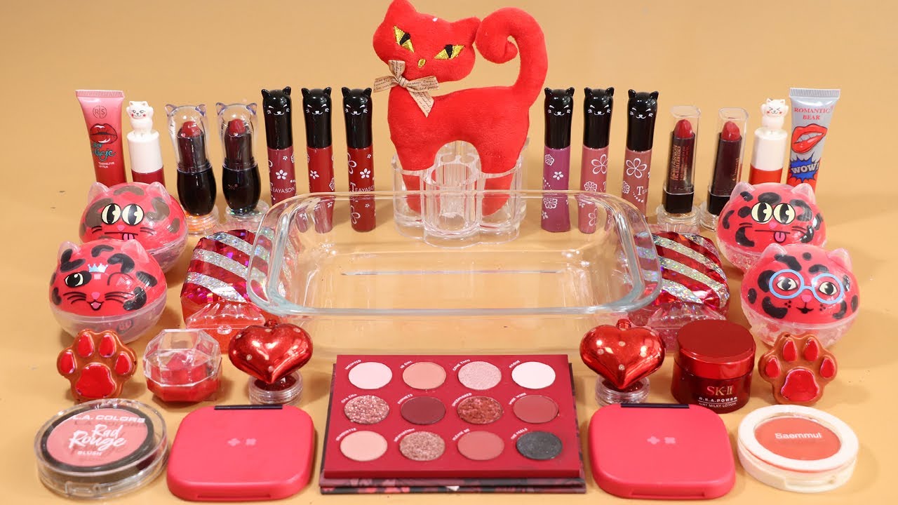 Mixing'RED CAT'Eyeshadow,Makeup and glitter Into Slime!Satisfying Slime Video!★ASMR★
