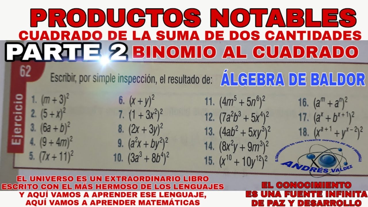 PRODUCTOS NOTABLES - BINOMIO AL CUADRADO  ÁLGEBRA DE BALDOR EJERCICIO 62 (PARTE 2) Problemas 11-18