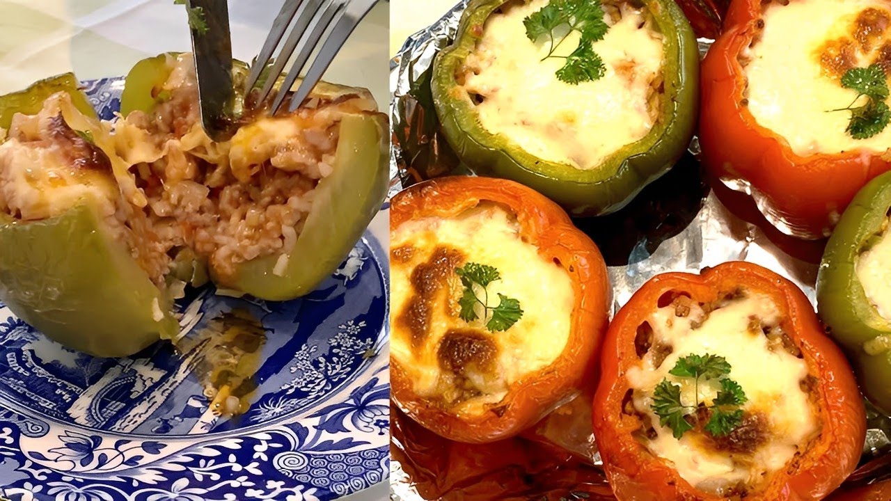 Stuffed bell peppers with mixture of ground beef, tomato sauce and rice