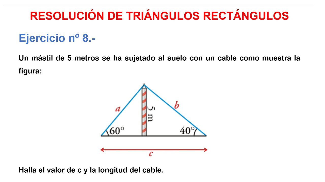 Resolución de triángulos rectángulos: Un mástil de 5 metros se ha sujetado al suelo con un cable