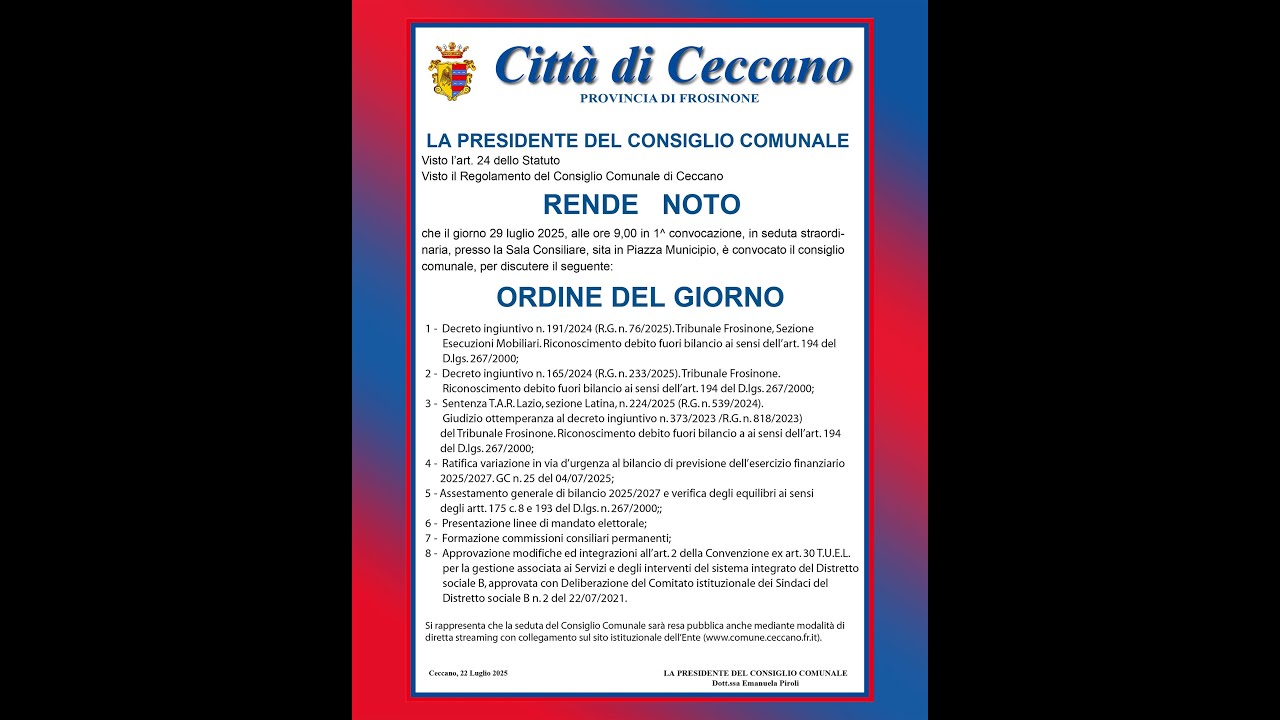 Comune di Ceccano - Consiglio Comunale del 29/07/2025