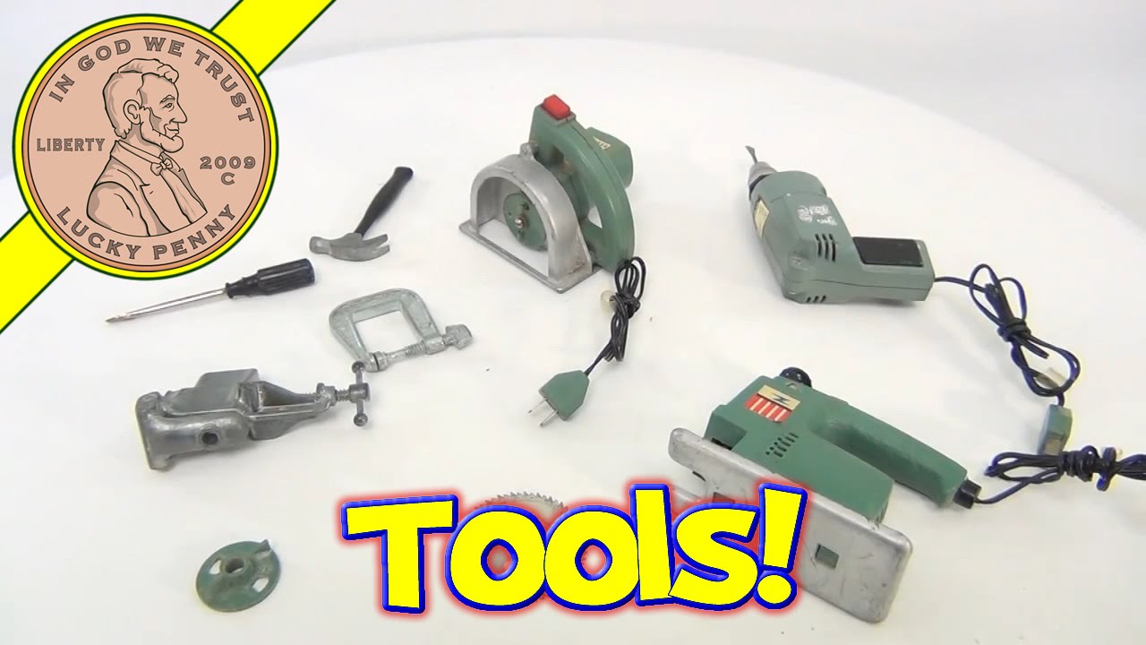 1969 Ideal Power Mite Vintage Miniature Tools - Drill Circular Saw Jig Saw and Table Vice Set