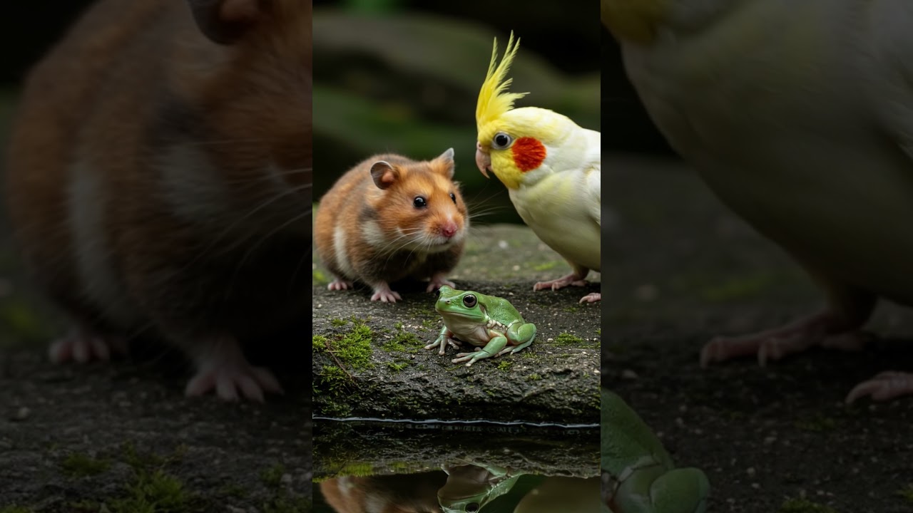 Curiosity Activated: Hamster & Cockatiel Investigate Frog 🕵️&zwj;♂️🐸🦜