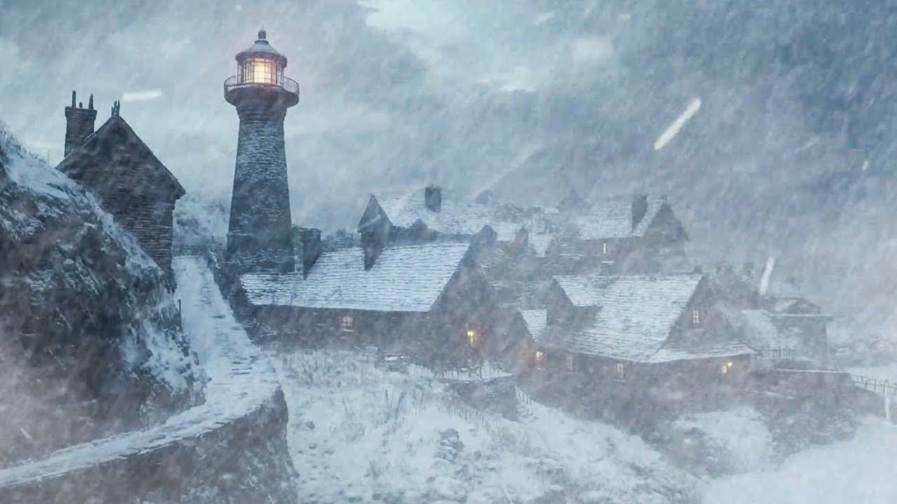 🌬️ Tranquil Snowstorm Village | Lighthouse Glow & Calming Winter Night
