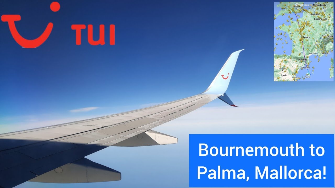 TUI Boeing 737-800 flight: Bournemouth - Palma. Includes taxi, take-off, and landing. 08/04/2023.