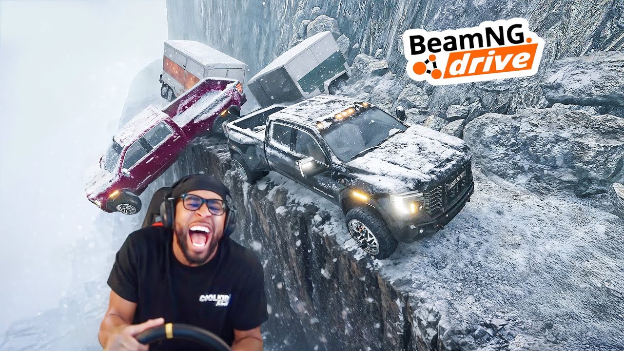 Driving LIFTED trucks on DANGEROUS SNOWY ROADS in BeamNG.Drive lmaooo