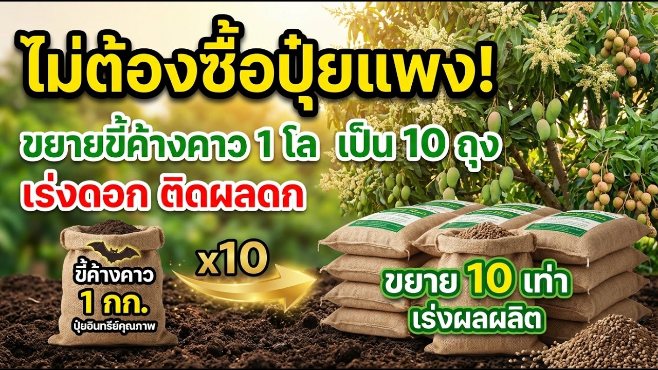 ไม่ต้องซื้อปุ๋ยแพง! วิธี ขยายขี้ค้างคาว 1 กิโล ให้ได้ปุ๋ย 10 ถุง สูตรเร่งดอก ติดผลดก