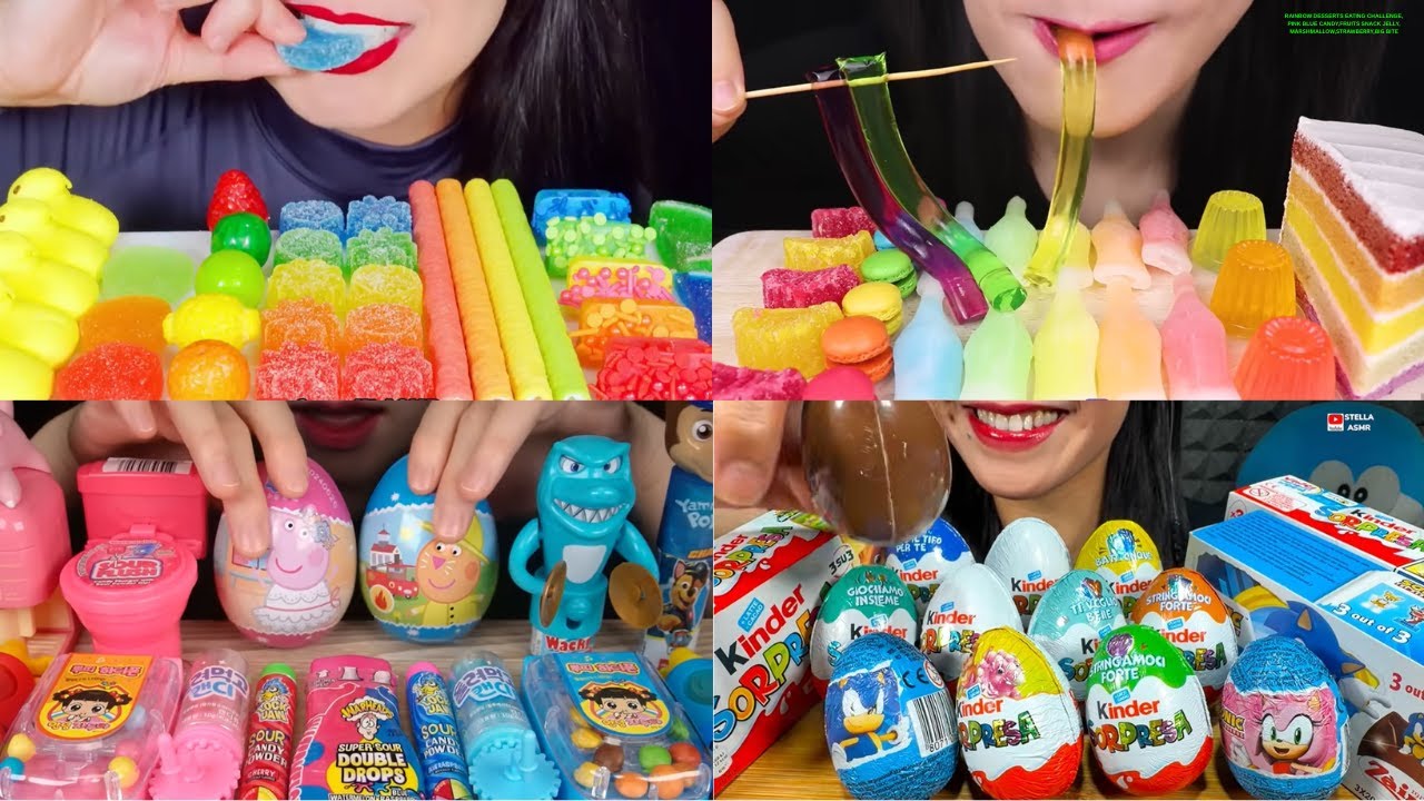 RAINBOW DESSERTS EATING CHALLENGE,PINK BLUE CANDY,FRUITS SNACK JELLY,MARSHMALLOW,STRAWBERRY,BIG BITE