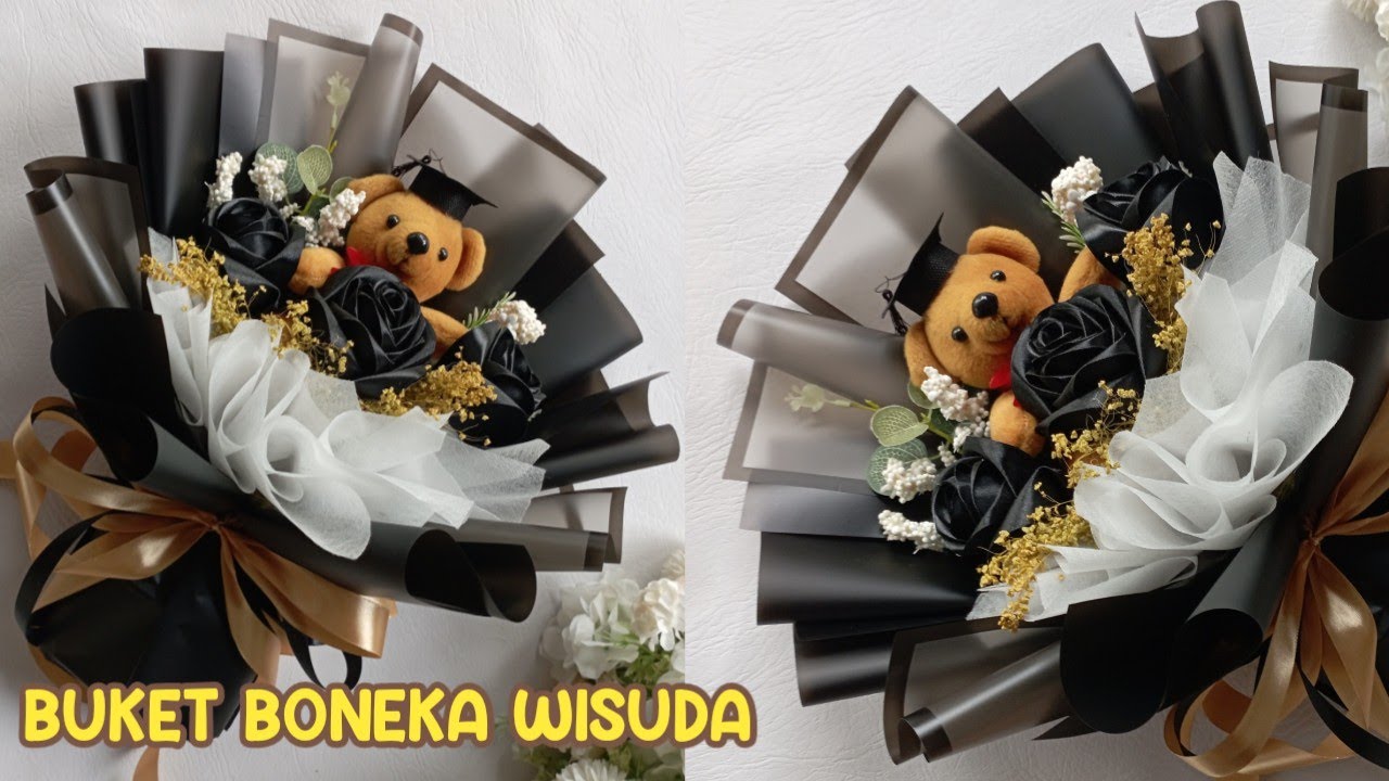 TUTORIAL BUKET BONEKA WISUDA LOW BUDGET MAWAR HITAM 2,5 LEMBAR CELLOPHANE WRAPPING MANGKOK