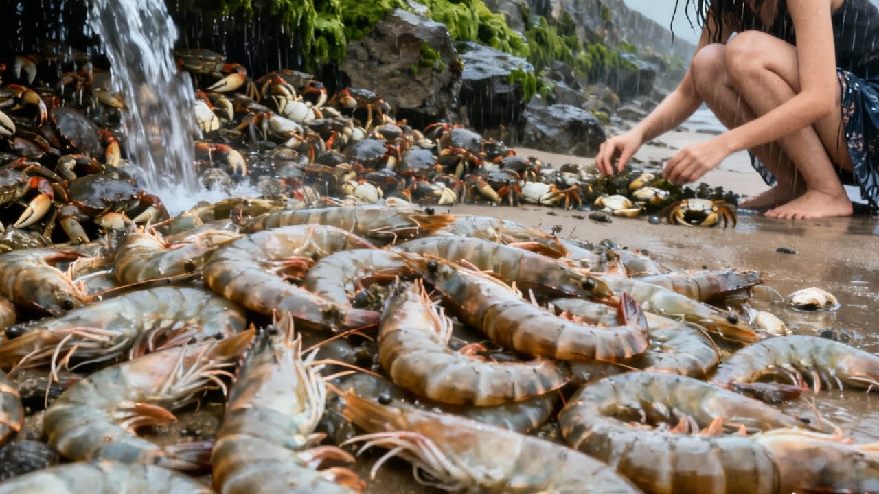 Amazing Seafood Is Flowing Out Of The Drain; People Are Continuously Picking Up Large Shrimp.