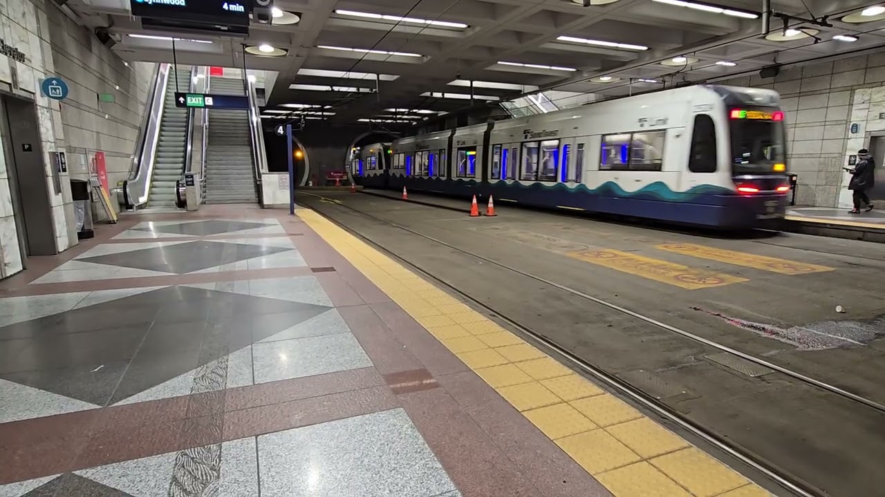 Seattle Link Light Rail: 1 Line and 2 Line (Simulated Service) Trains at Pioneer Square Station
