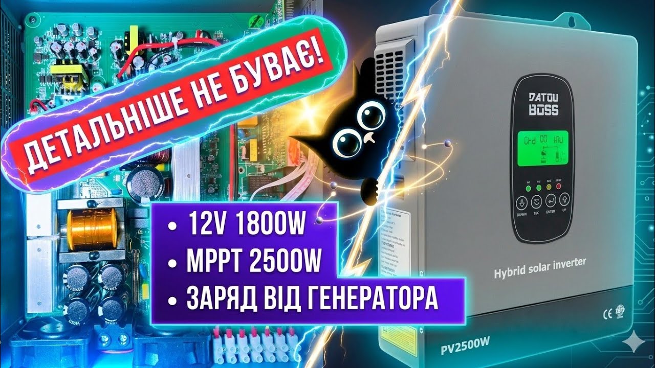 Тестування гібридного інвертора Datouboss 12V 1800W DT-1218M. Заряд 65А. Заряд від генератора.