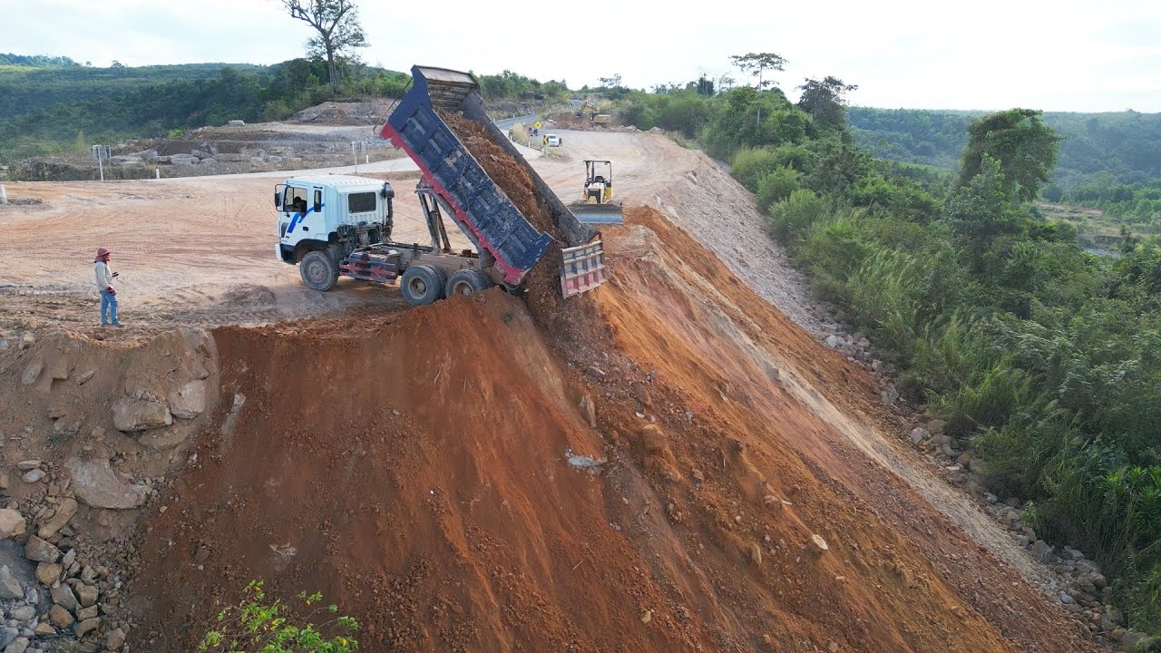 Filling the Mountain Soil with Perfect Skill, 15T Truck Loading Rocks and D37P Dozer Pushing Soil