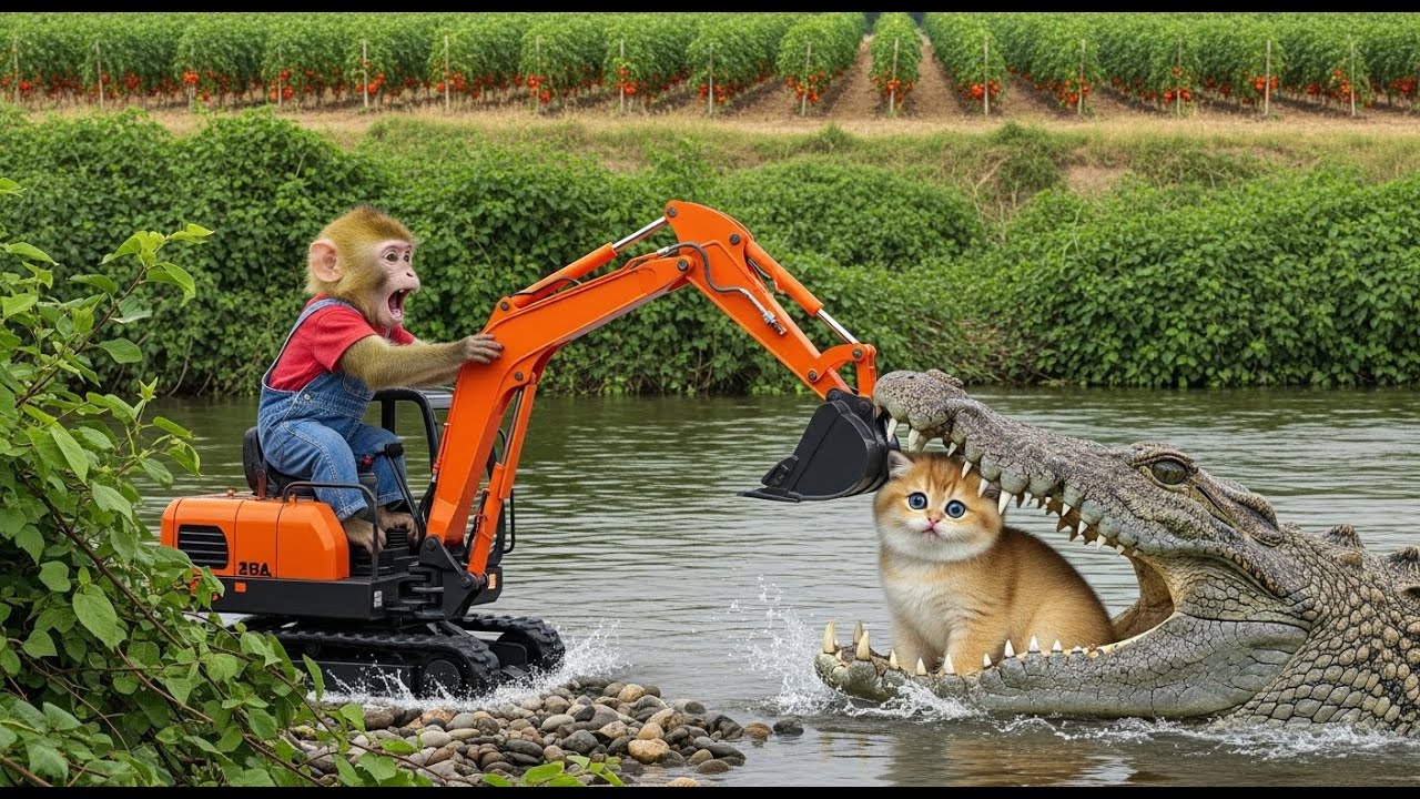 🐵🐱🐊Monkey saves Cat From Giant Crocodile Attack At Tomato Farm