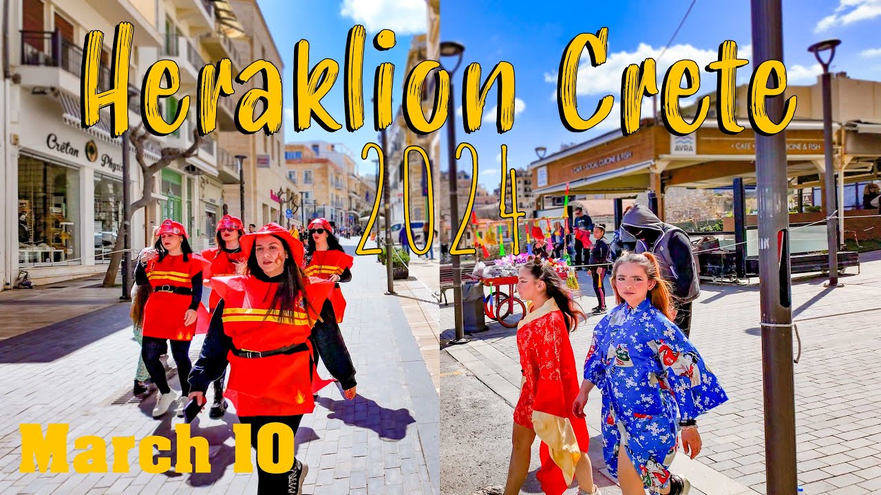 Heraklion Crete, walking tour 4k, sea front side, carnival, Greece 2024