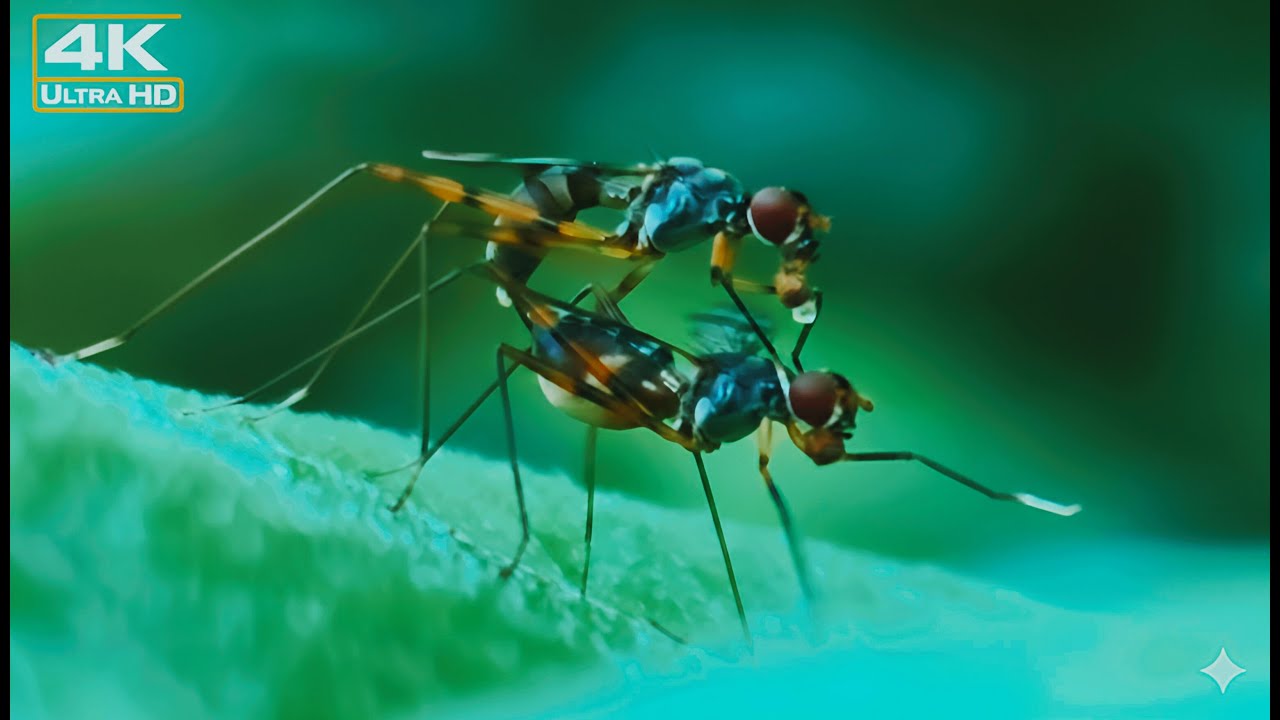 Macro Nature: Long-Legged Flies Mating on Leaf | Close-Up Insect Behavior 