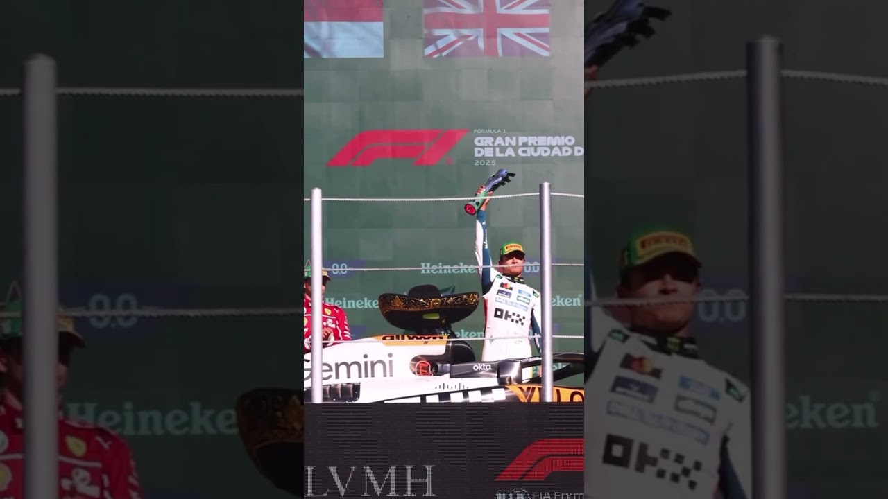 Max Verstappen Lando Norris & Charles Leclerc on Mexico Podium celebrating together