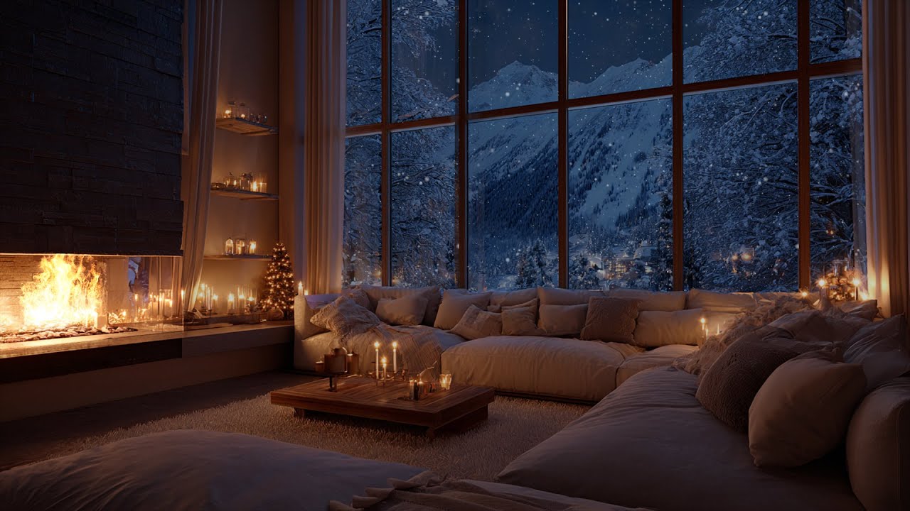 Gentle Snow Passing Slowly Through Firelight Glow ❄️ A Calm Winter Setting for Focus