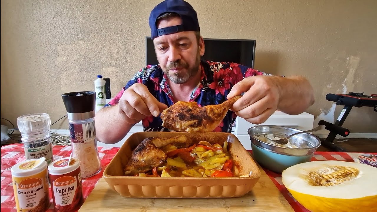Saftige Hähnchenkeulen und Ofengemüse aus dem Ofen + Melonensalat mit Ziegenkäse