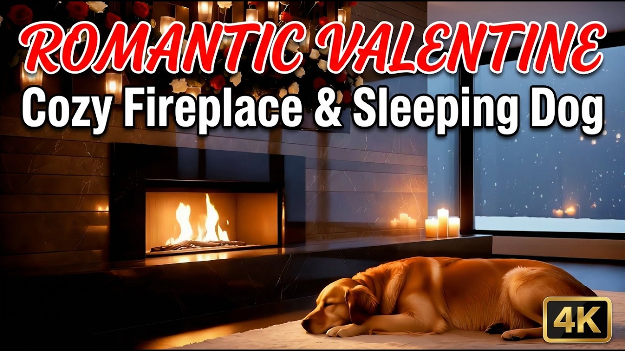 Cozy Fireplace with Sleeping Golden Retriever – Romantic Valentine Ambiance 4K