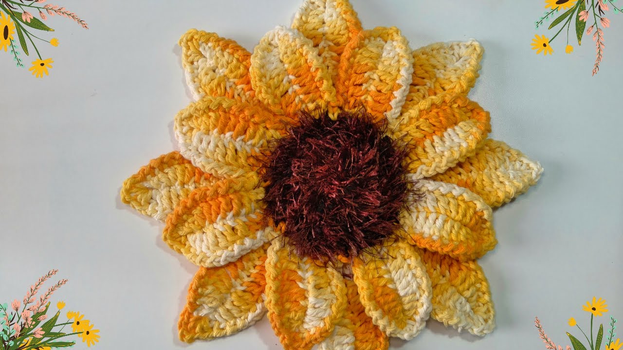 FLOR GIRASSOL EM CROCHÊ PARA APLICAÇÕES TUTORIAL