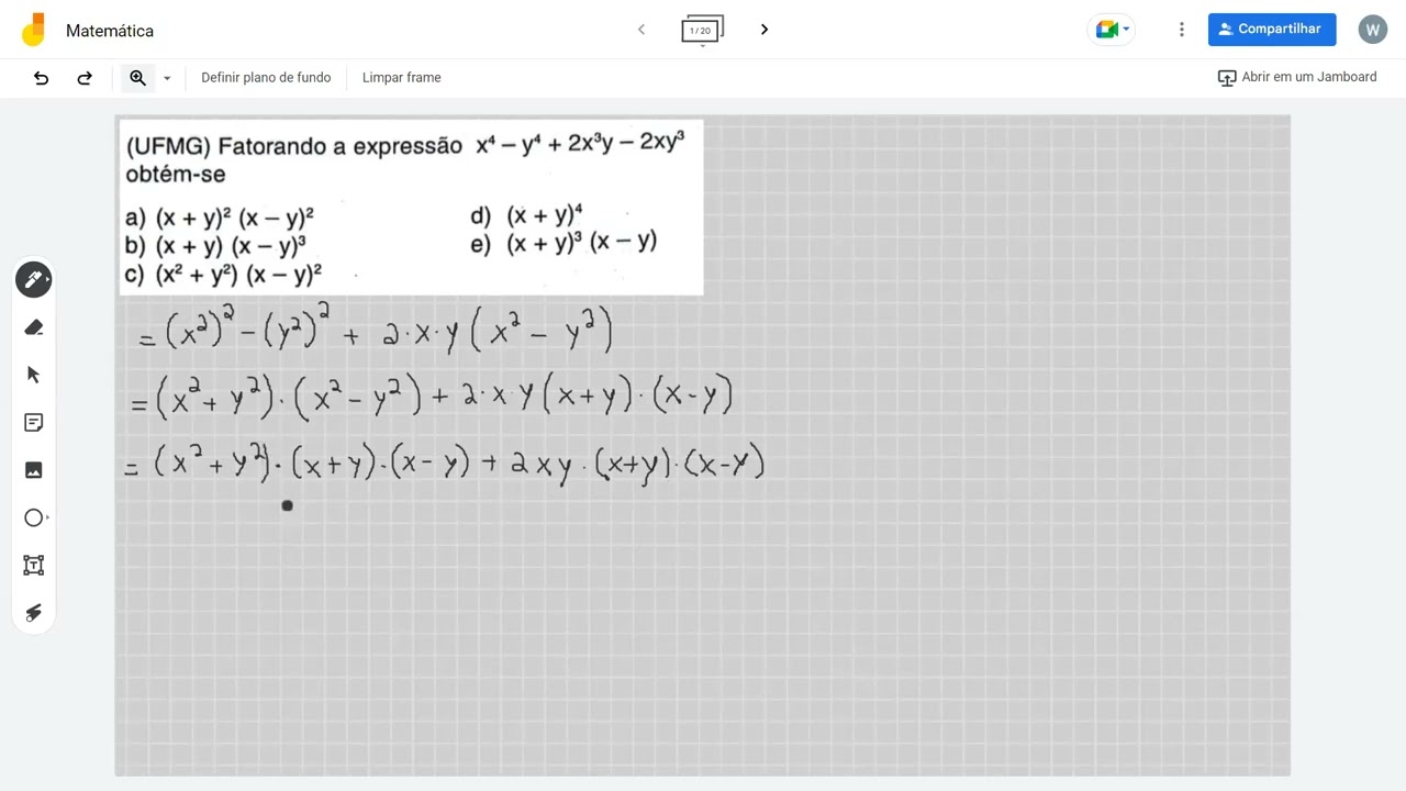 (UFMG) Fatorando a expressão x⁴ – y⁴ + 2x³y – 2xy³ obtém-se