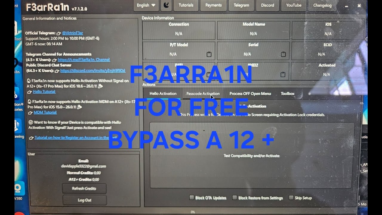 FREE BYPASS A12+ ALL MODELE F3ARRA1N windows and Mac