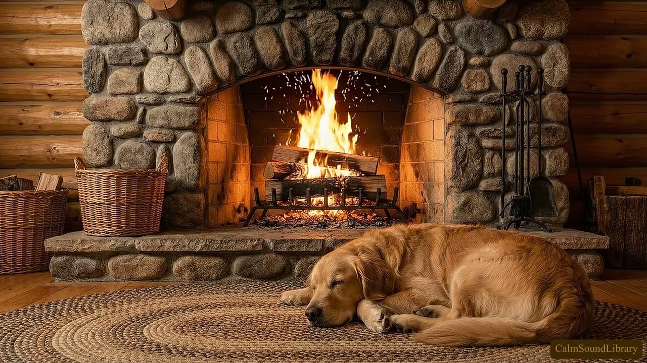 Cozy Cabin Fireplace ASMR with Sleeping Dog