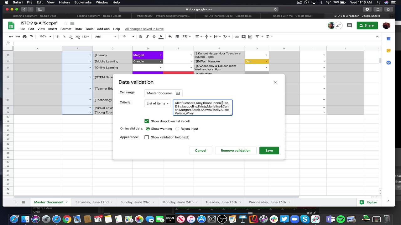 Editing Data Validations in Google Sheets
