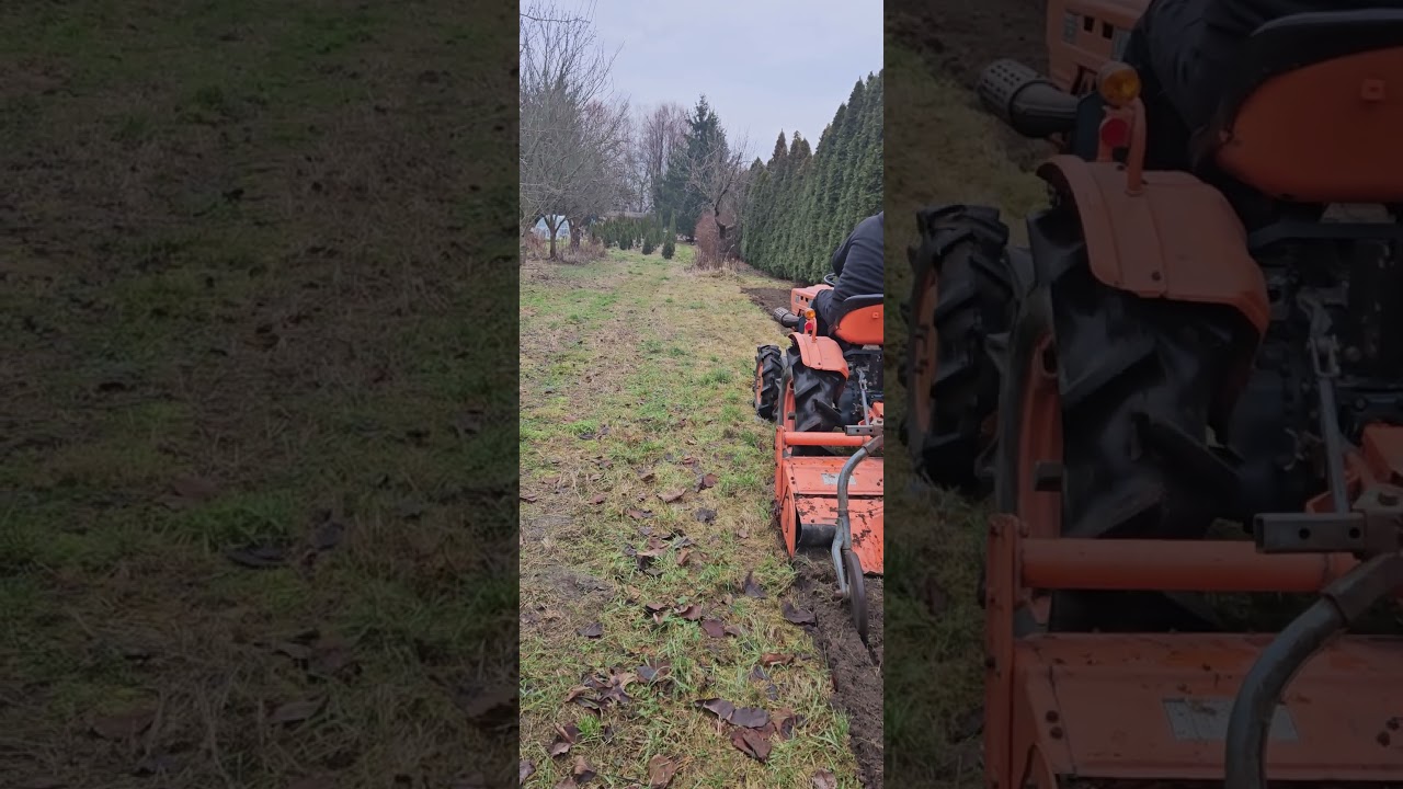 Traktorek Kubota 7001 praca w polu z glebogryzarką