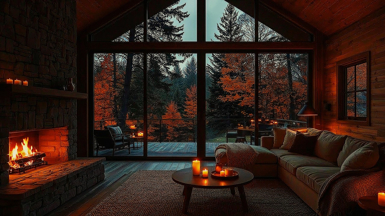 Cozy Fireplace Cabin Ambience 🔥 Autumn Forest View for Sleep, Relaxation & Study