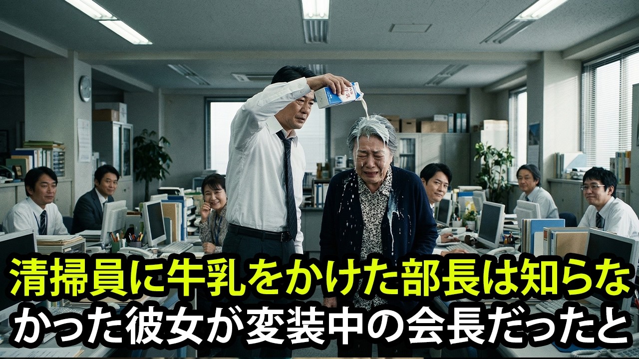 清掃員のおばあさんに牛乳をかけた部長は、彼女が会長だったとは知らなかった。